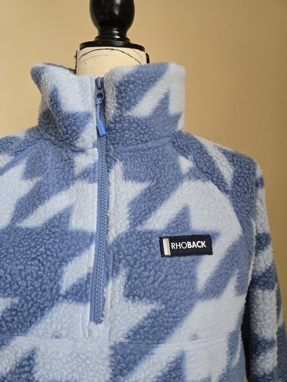 Rhoback Rivanna Fleece Pullover Womens S Blue Houndstooth Crop - Picture 2 of 10